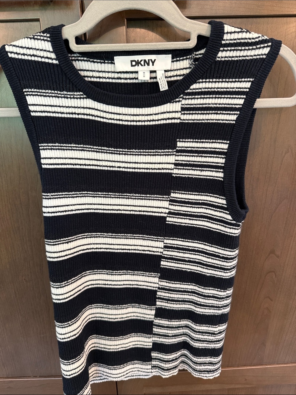 DKNY Black & White Striped Sleeveless Knit Top